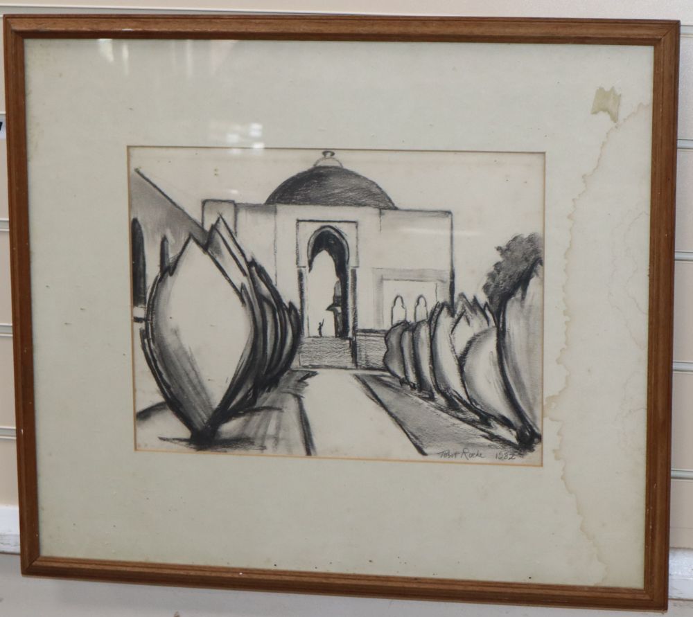 Tobit Roche (1954-), charcoal drawing, Near Qutab Minar, Delhi, signed and dated 1982, 28 x 38cm